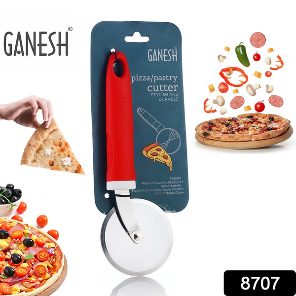 Stainless steel pizza cutter wheel by Ganesh, angled view.