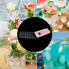 Ice cube tray with lid, flexible silicone, makes 14 cubes, easy to release and dishwasher safe.