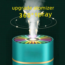 Compact humidifier with colorful lights, ideal for use in a bedroom or car.