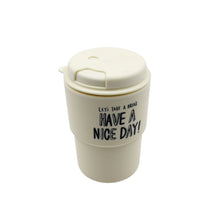 Motivational travel coffee cup, portable and ideal for home or office use.