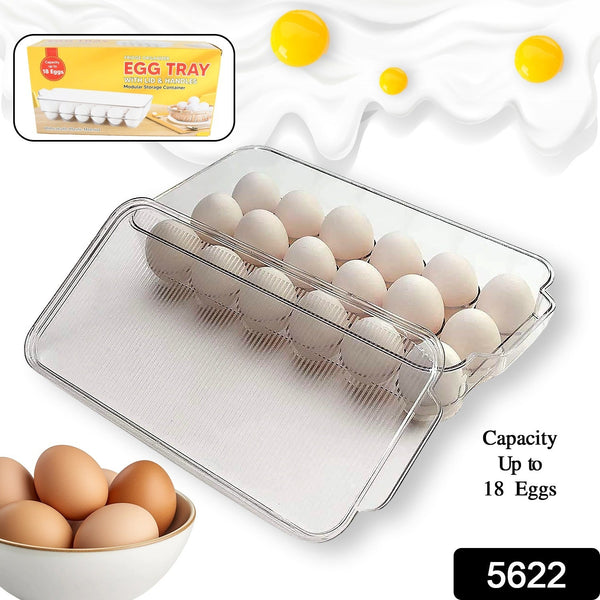 Plastic 18 Cavity Egg Storage Box Or Egg Trays For Refrigerator With Lid & Handles High Quality, Rectangular Egg Tray Box For 18 Egg (1 Pc)