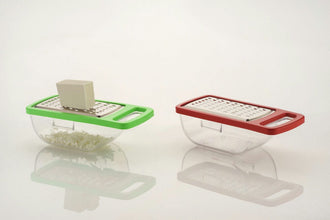 Grater, slicer, and chopper with durable stainless steel blades.