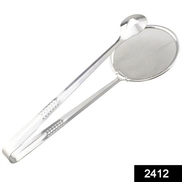 Stainless steel filter spoon with clip for frying, multi-use.